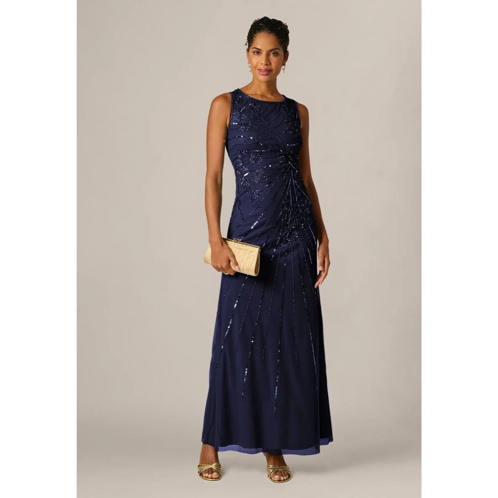Adrianna Papell Evening Gown Dress 8 Floral Beaded Illusion Mermaid Navy Blue